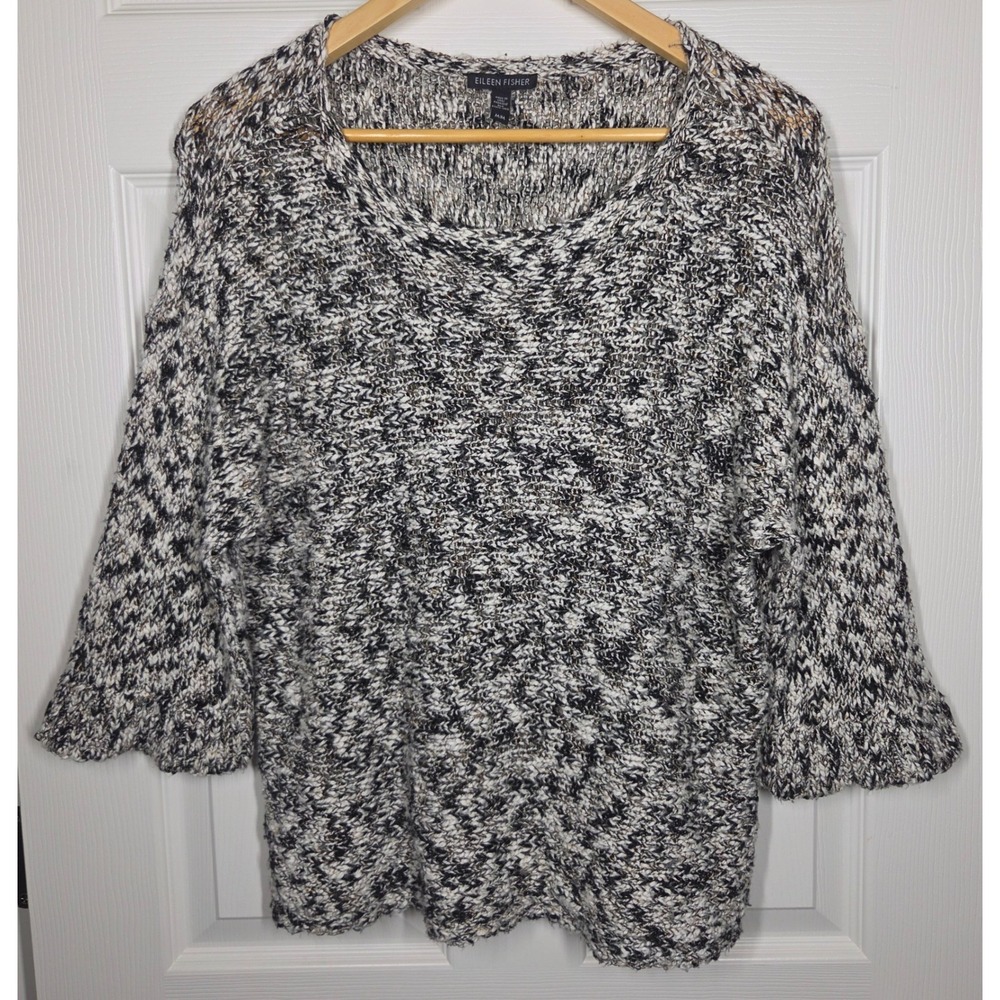 Eileen Fisher Slub Melange Scoop Neck Sweater 3/4 Sleeve Black White Metallic M